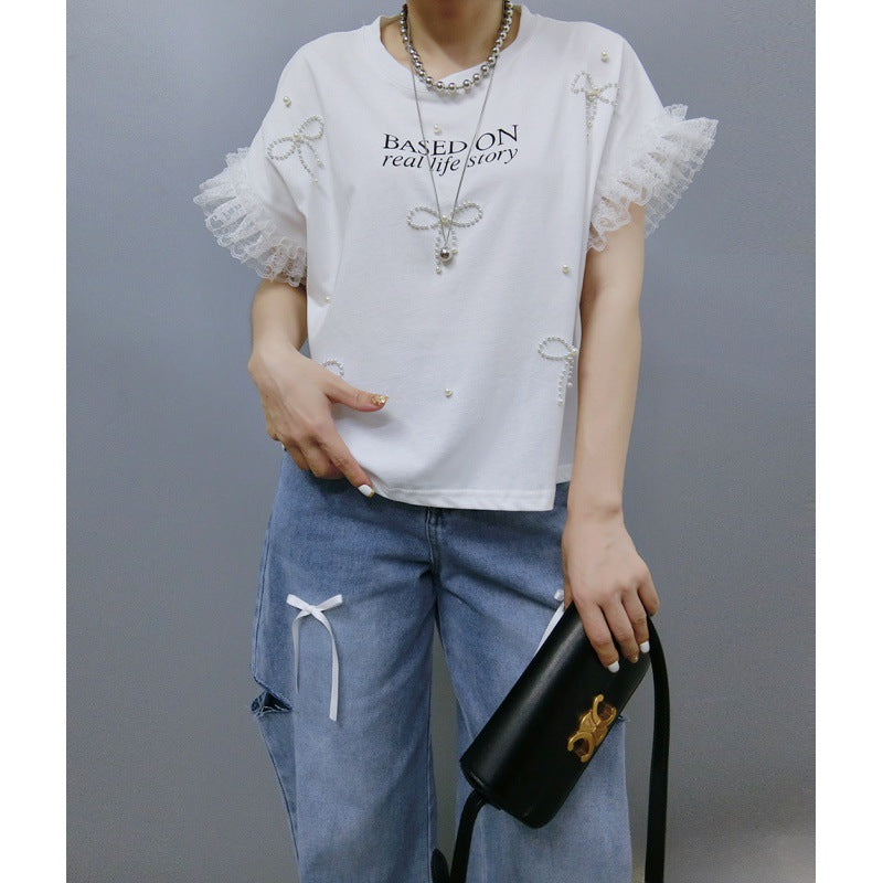 Lune London Women's Leisure Graphic T-shirt with Ruffled Sleeves