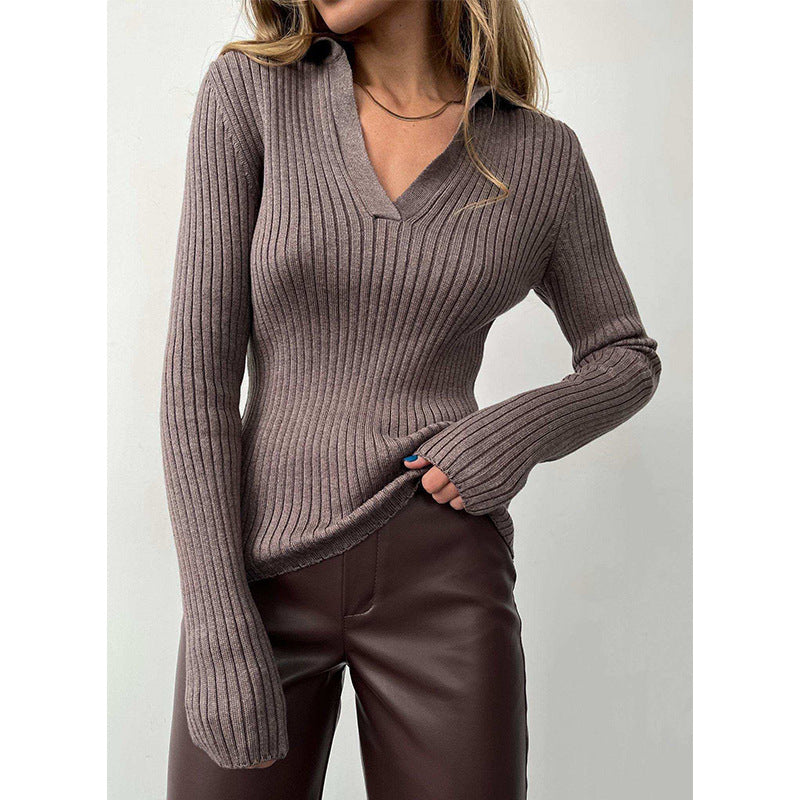 Ladies Elegant Ribbed Sweater with Deep V Neck Lune London