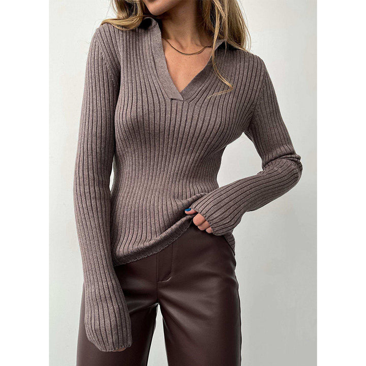 Ladies Elegant Ribbed Sweater with Deep V Neck Lune London