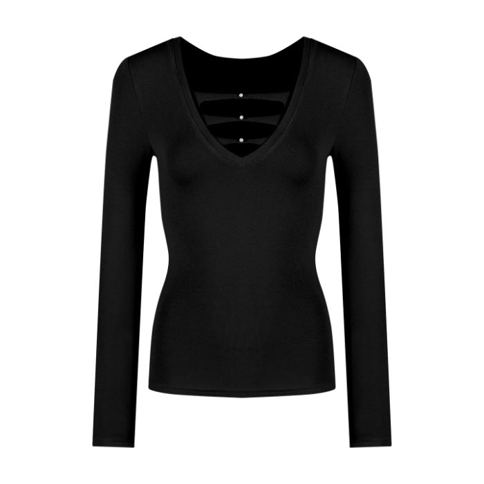 Ladies elegant long-sleeve shirt with V-neck and fashionable gathering Chic & Stil