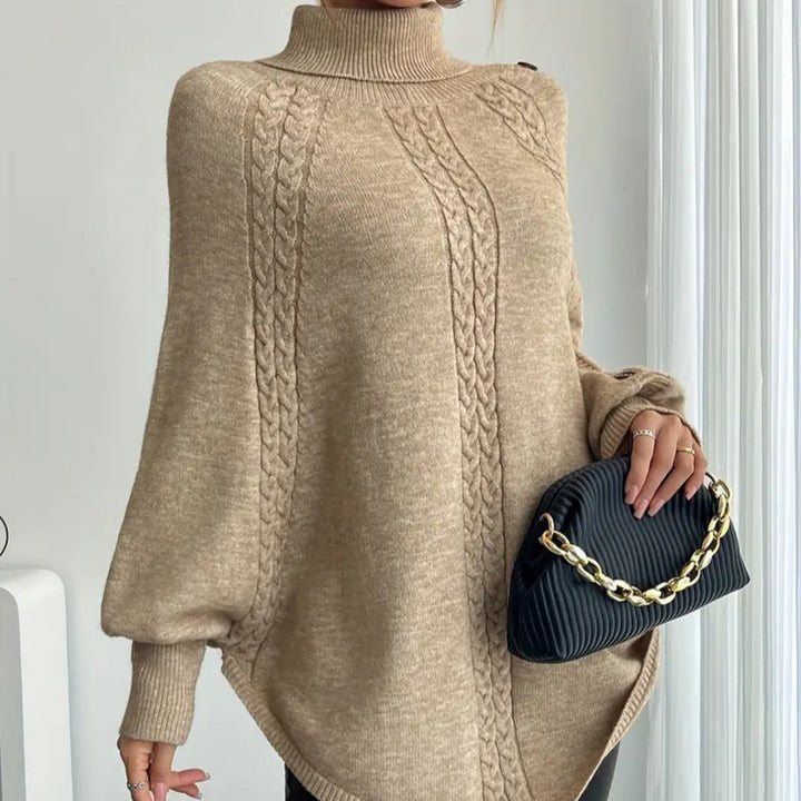 Ladies Elegant Knitted Poncho with Roll Neck and Chic 3D Pattern