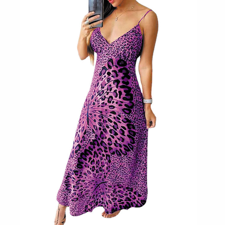 Maxi dress for women with a fine spaghetti strap design and a striking animal pattern Lune London