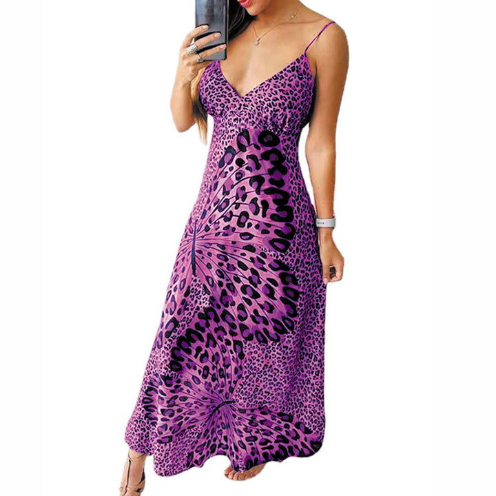Maxi dress for women with a fine spaghetti strap design and a striking animal pattern Lune London