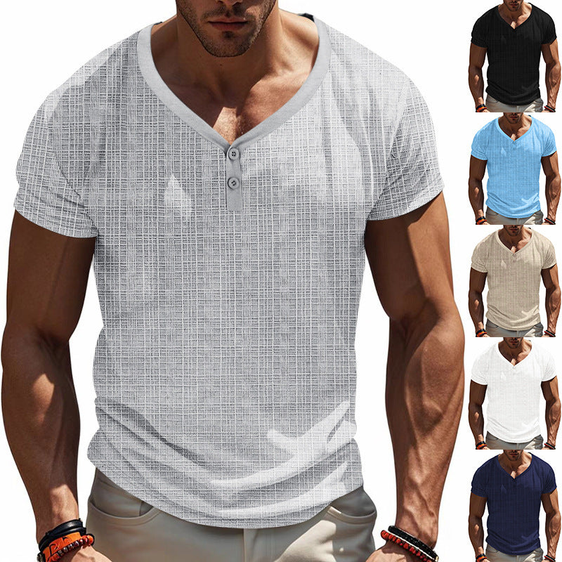 Men's short sleeve Henley t-shirt with geometric structure design and trendy V-neck Lune London