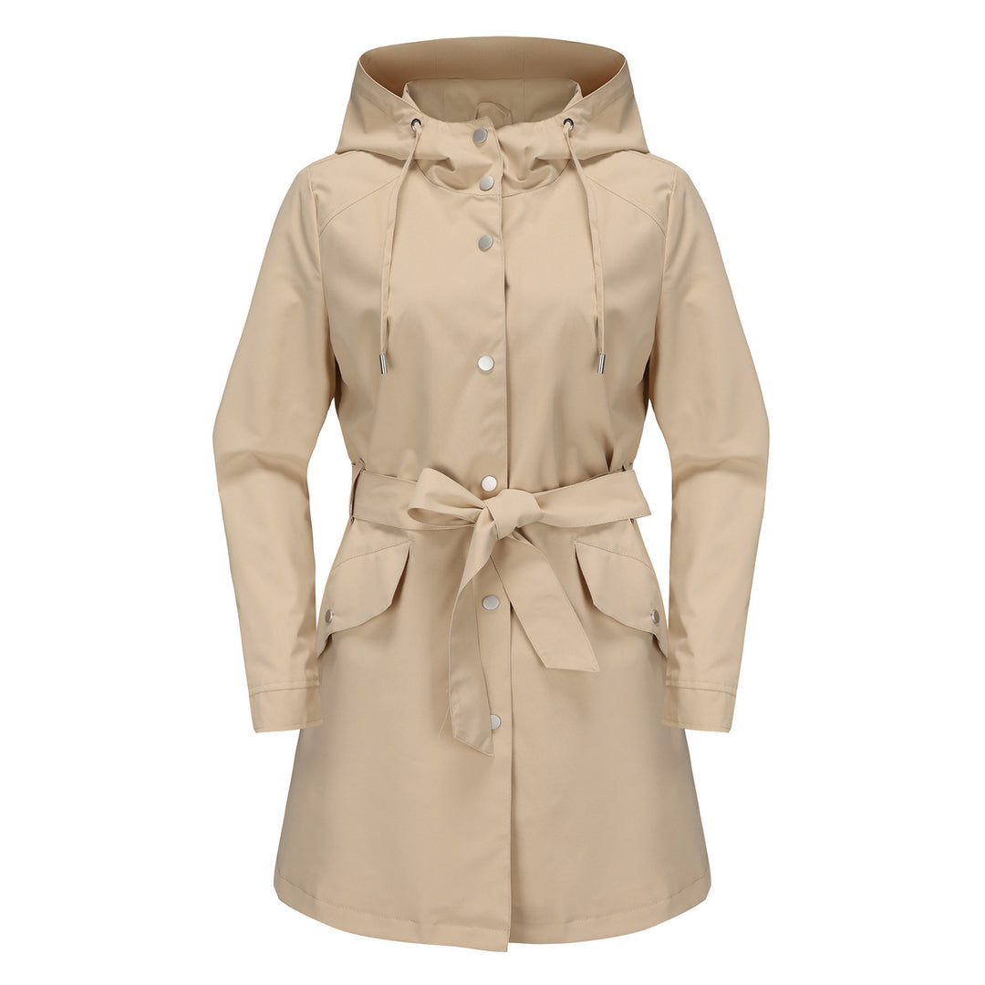 Women's waterproof transition jacket with adjustable hood and waist belt Chic and Style