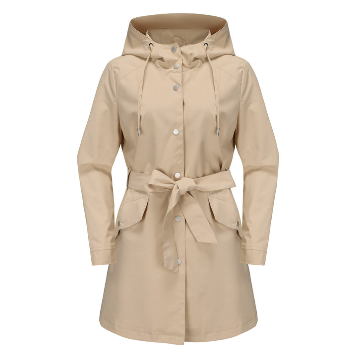 Women's waterproof transition jacket with adjustable hood and waist belt Chic and Style