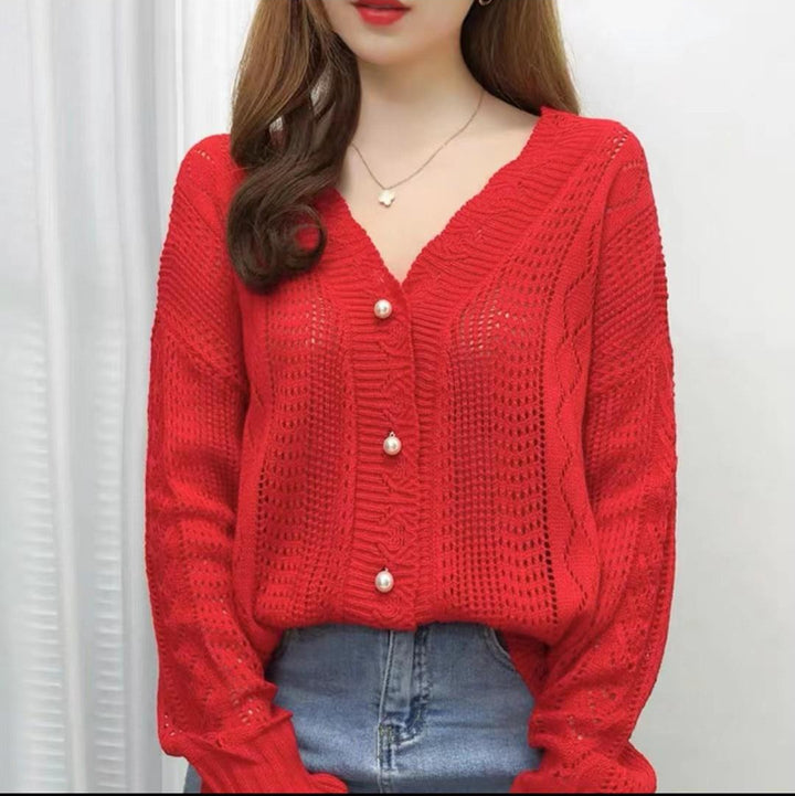 Casual knit jacket for women with an elegant cable pattern and large buttons Lune London