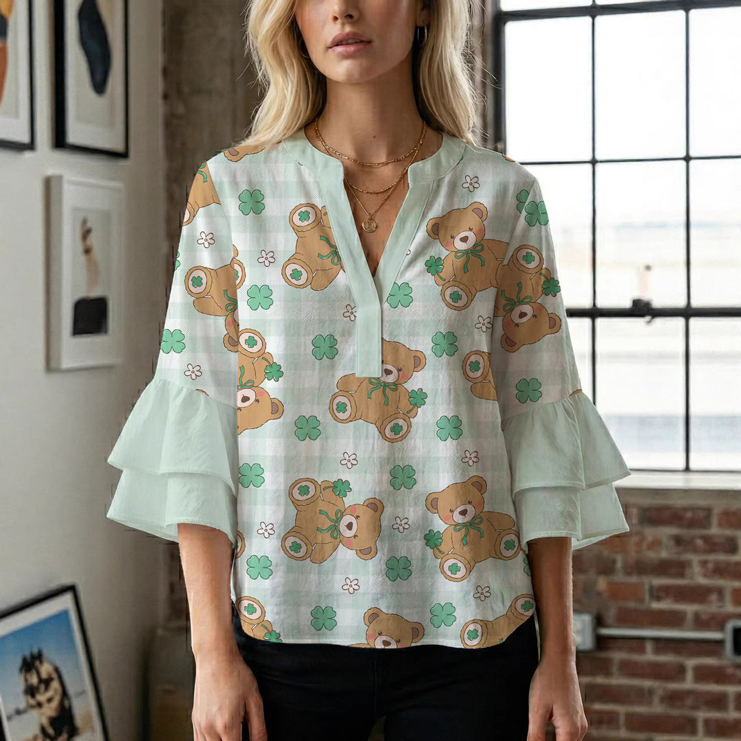 Women's blouse with voluminous wing sleeves and intense leaf pattern Lune London