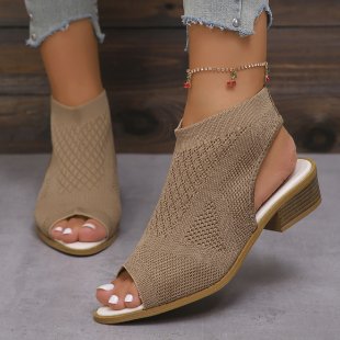 Ladies Open Mules with Knitted Design and Retro Block Heel Lune London