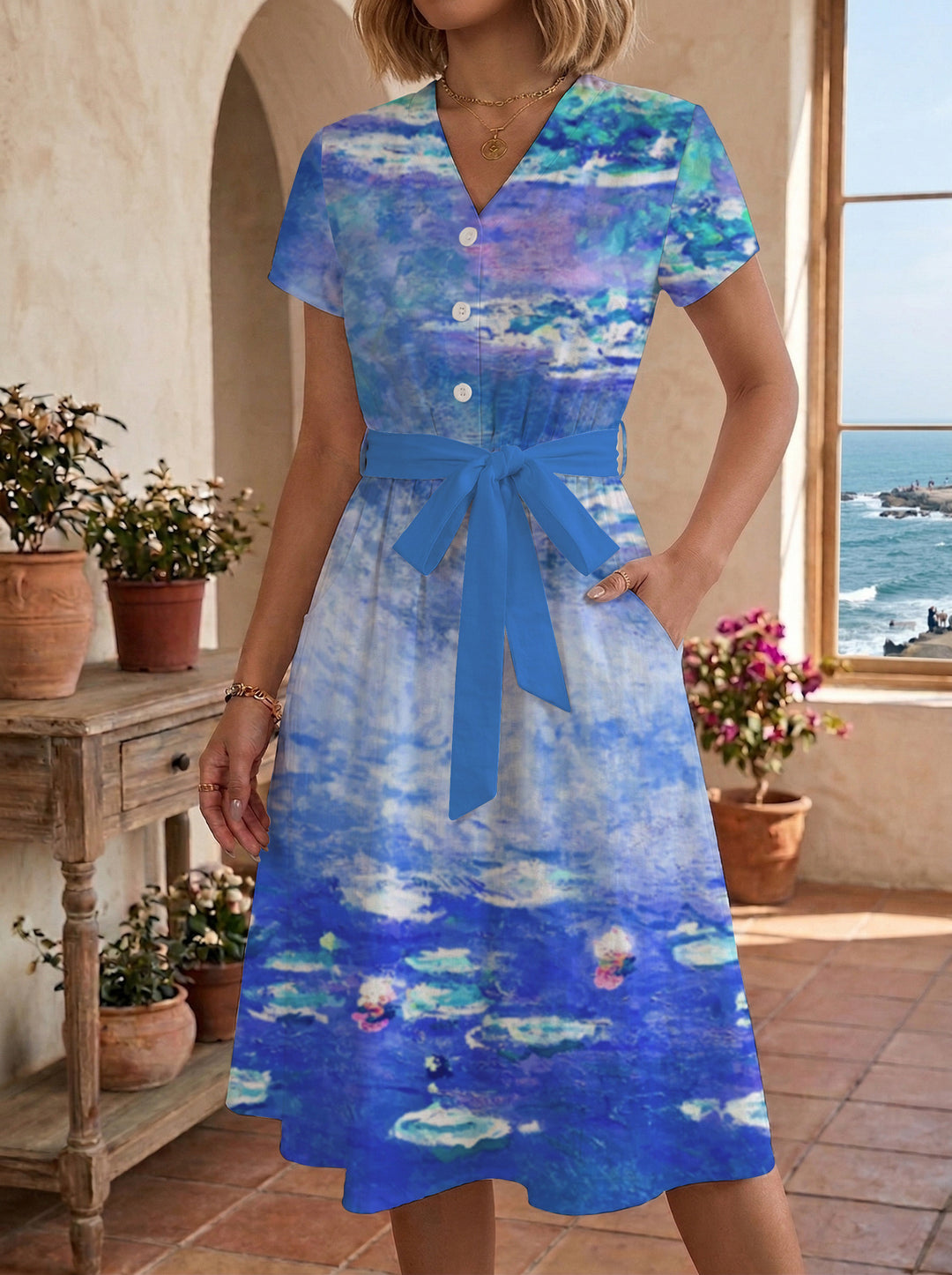 Women's Blooming Midi Dress with Adjustable Belt and Artistic Print Lune London