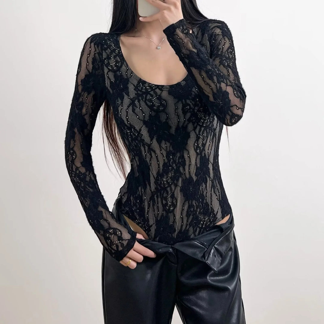 Women's crochet bodysuit with transparent lace pattern Lune London