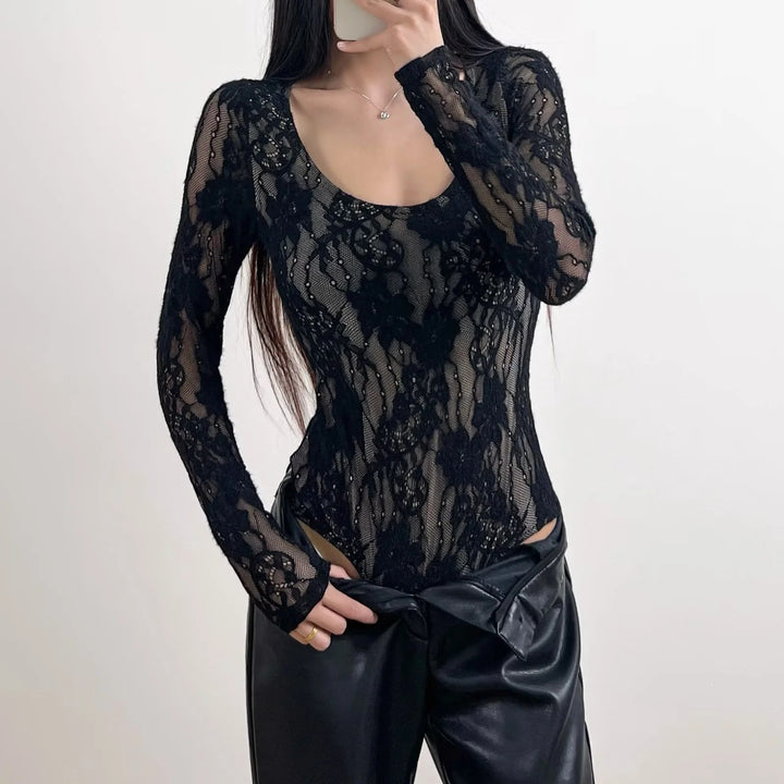 Women's crochet bodysuit with transparent lace pattern Lune London