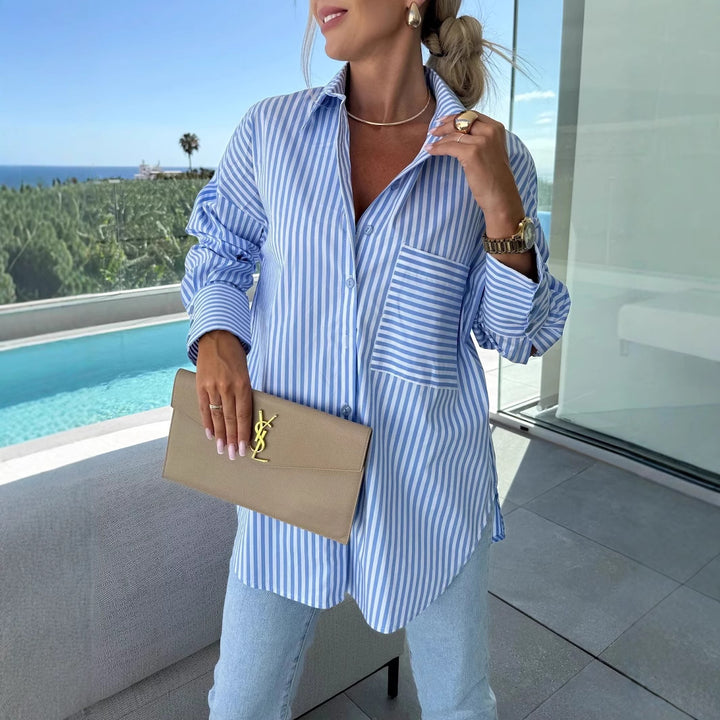 Women Long Sleeve Blouse with Fine Stripes and Practical Chest Pocket Lune London