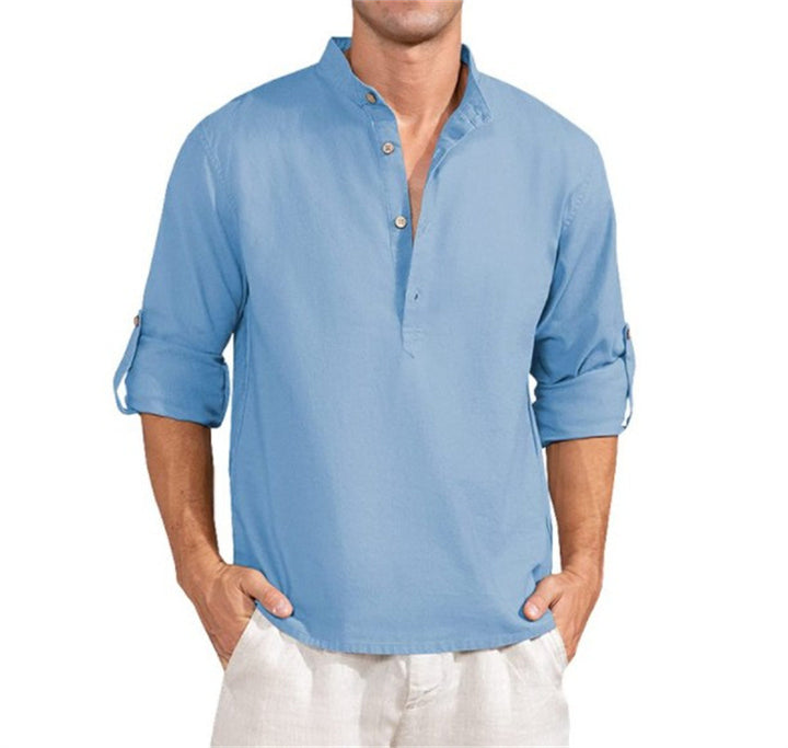 Linen shirt for men with a high collar and practical button details Lune London