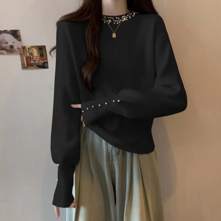 Ladies elegant sweater with ornate pearl details Lune London