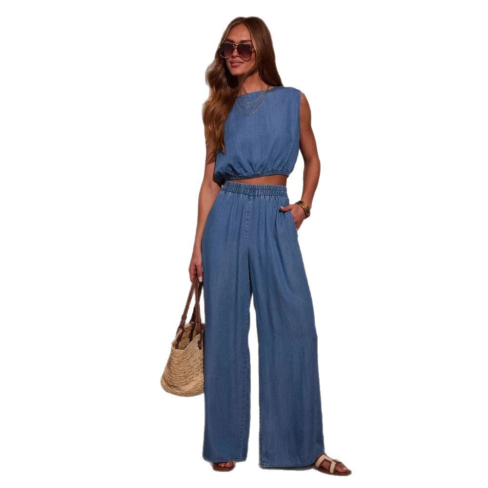 Women's Casual Oversized Jeans Set with Knotted Top and Wide Legs