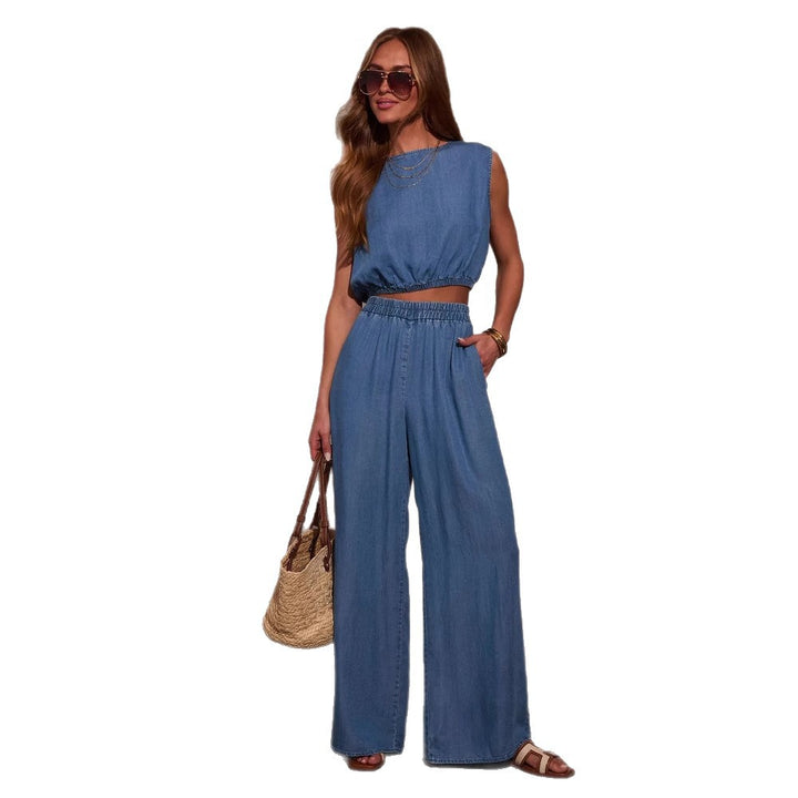 Women's Casual Oversized Jeans Set with Knotted Top and Wide Legs