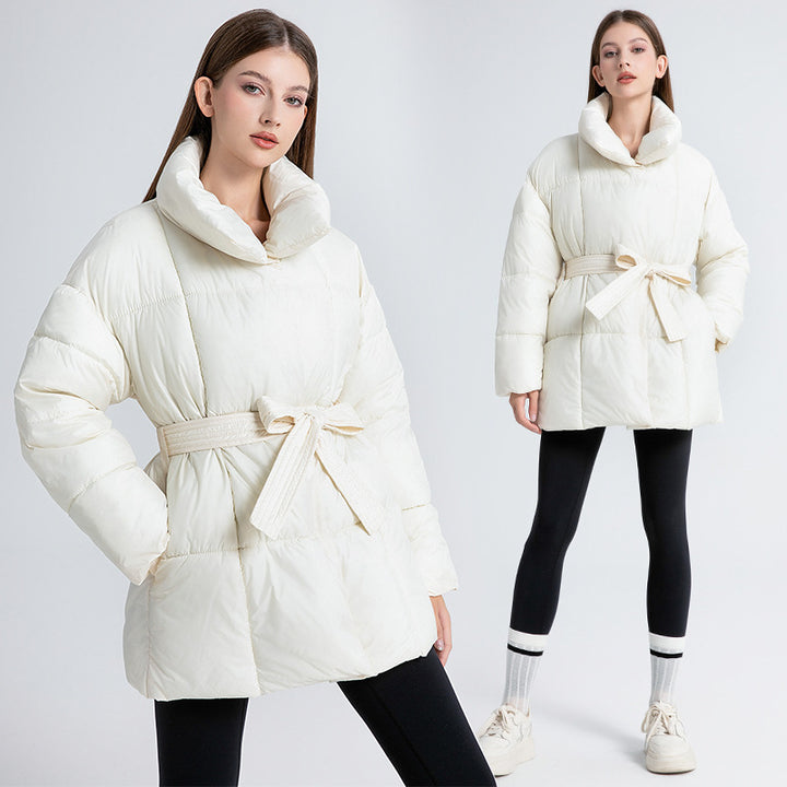 Ladies comfortable and elegant down jacket with belt and high collar Lune London