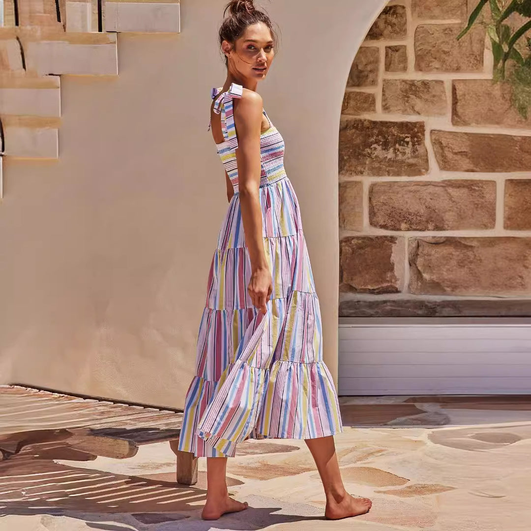 Chic & Stil Women's Airy Maxi Dress with Elastic Top and Striped Ruffles
