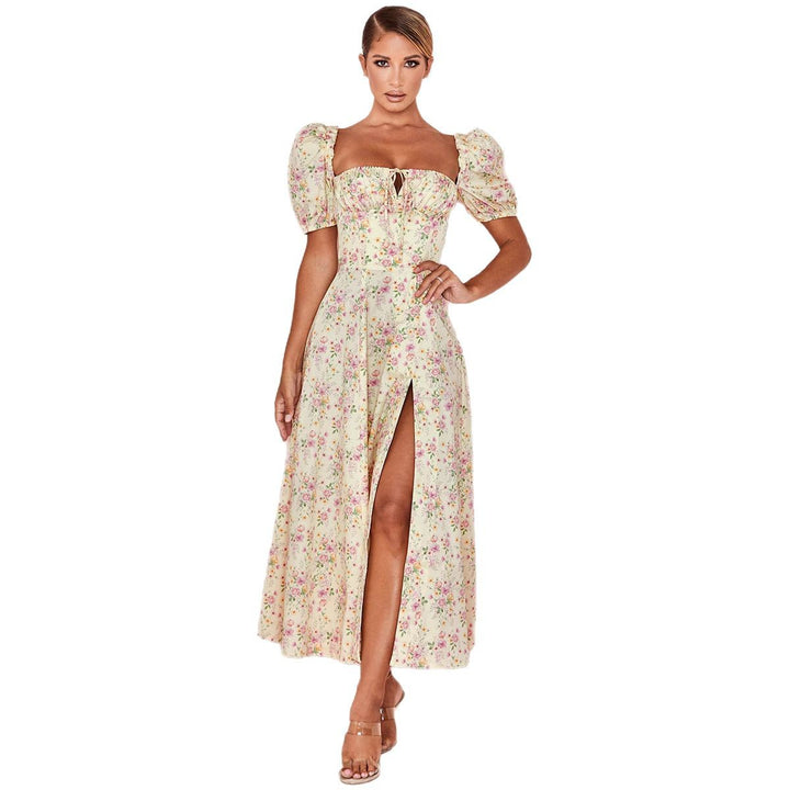 Maxi dress for women with romantic floral print and puff sleeve design Lune London