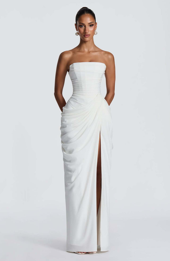 Ladies Elegant Long Sleeve Evening Dress with Asymmetric Draping and Narrow Slit