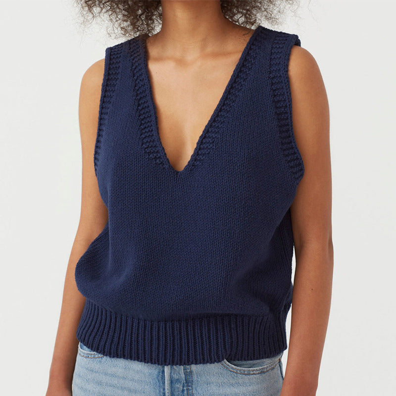 Women's stylish knit top with deep V-neck and wide straps Lune London