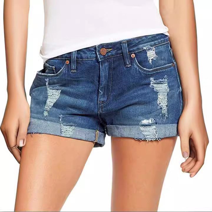 Women Destroyed Denim Shorts in Casual Leisure Style Lune London