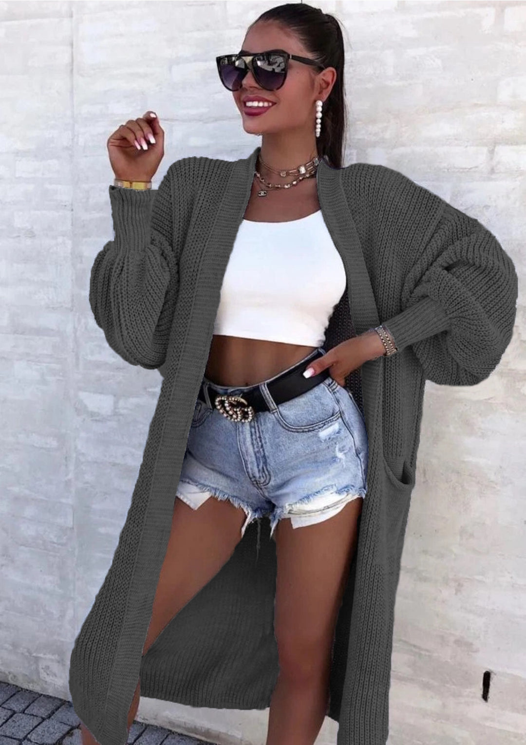 Manteau long en tricot pour femmes avec manches larges et poches Chic & Stil