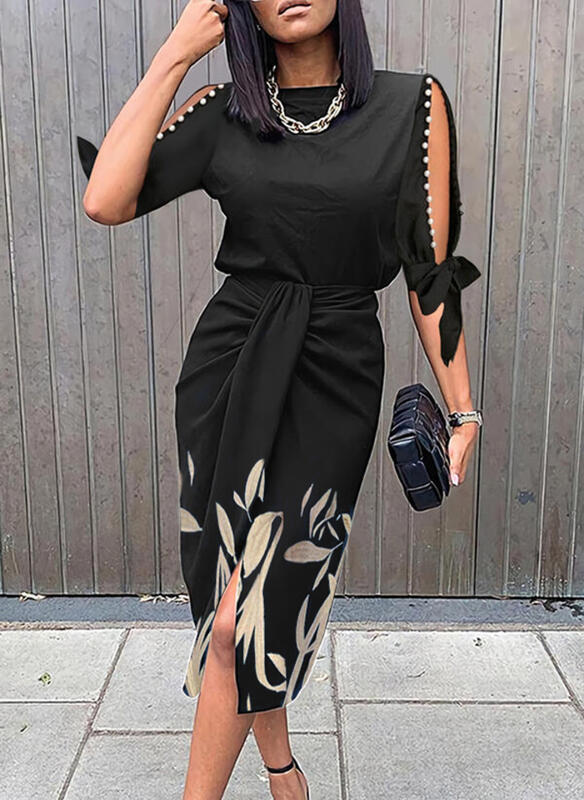 Mid-length dress for women with floral details and an elegant slit Lune London