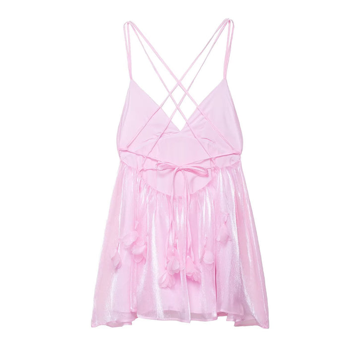 Evening dress for women with crossed back detail and floral appliqués Lune London