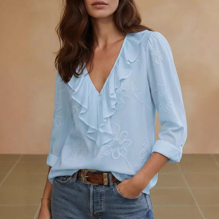 Women's elegant blouse with ruffle and floral embroidery pattern Lune London