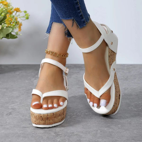 Wedge sandals for women with elastic strap design and cork-like sole Lune London