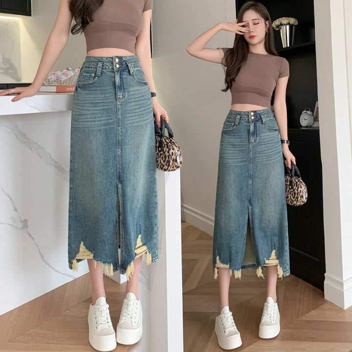 Jupe longue en denim pour femmes avec fente latérale et ourlet effiloché Chic & Stil