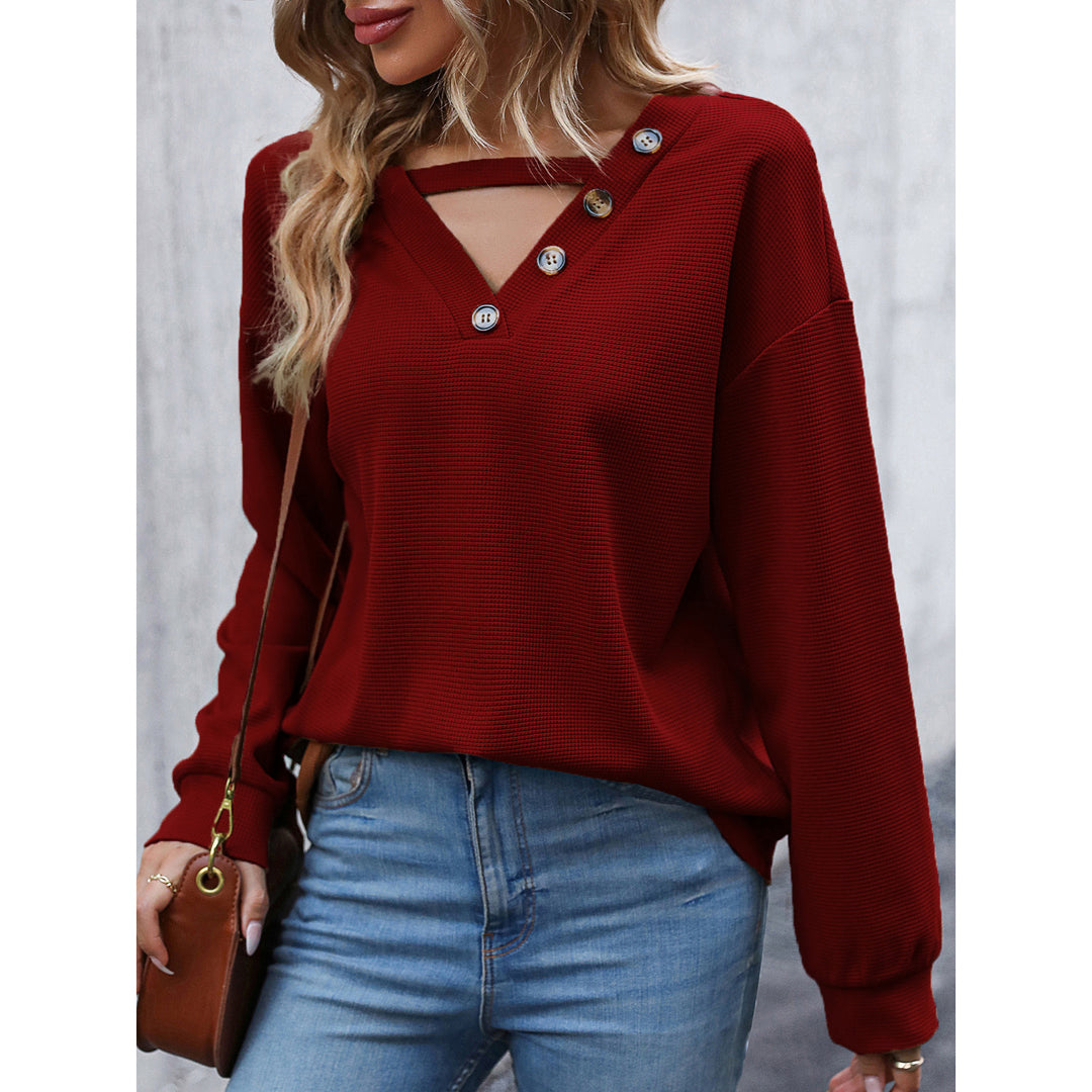 Ladies Casual Hoodie with Decorative Buttons and Deep V-Neck Lune London