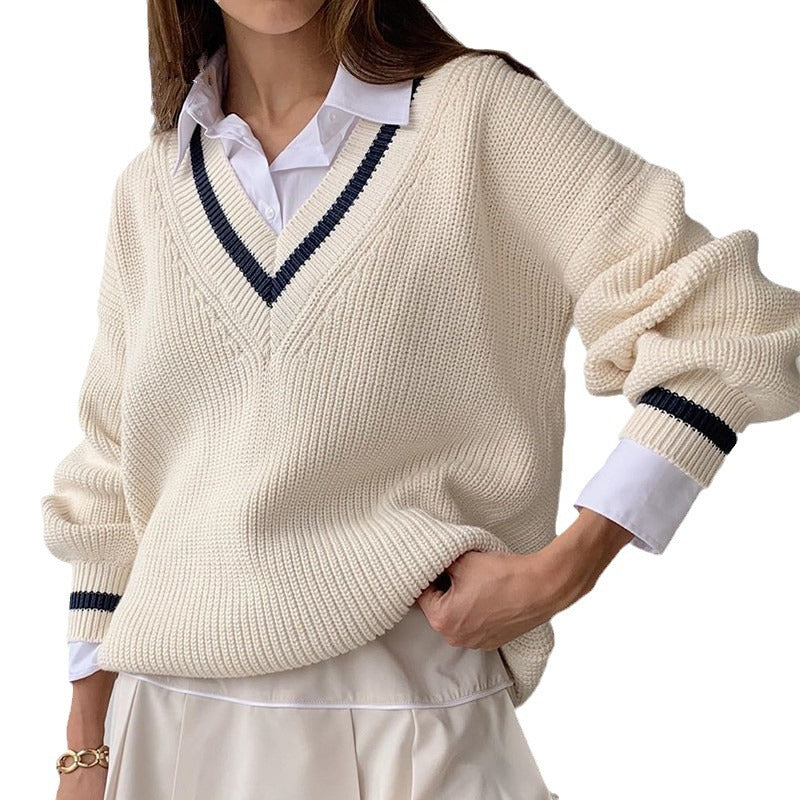 Women's V-neck sweater with contrasting stripes Lune London