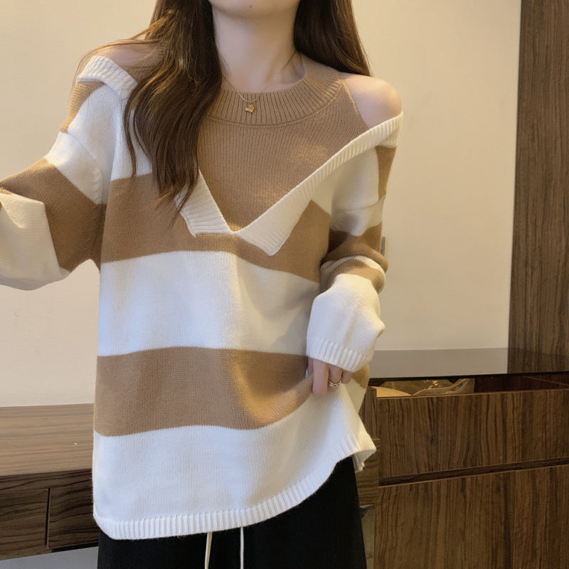 Ladies Oversized V-neck Pullover with trendy striped pattern and open shoulder design Lune London