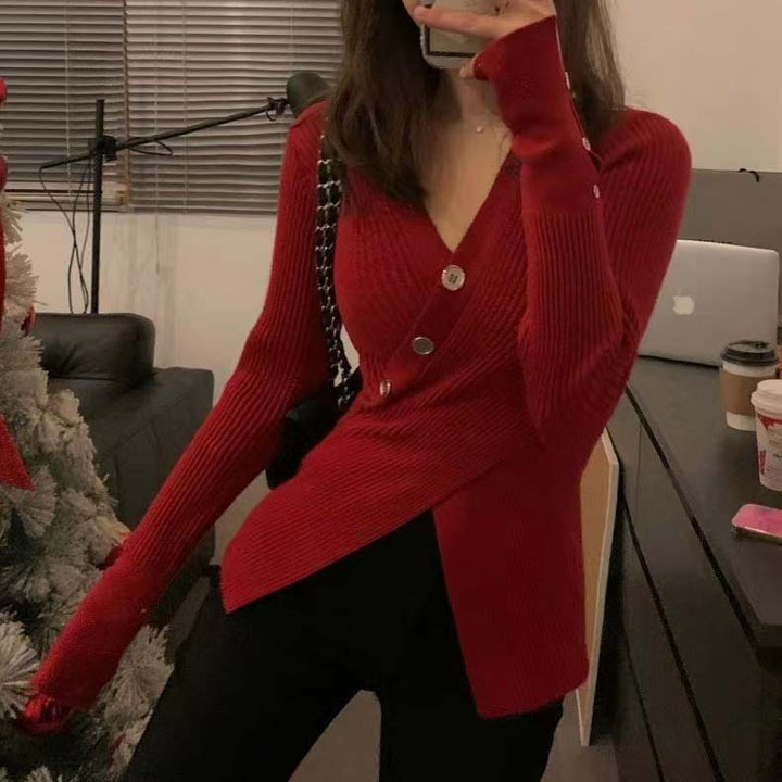 Women's knitted jacket with asymmetrical cut and decorative buttons Lune London
