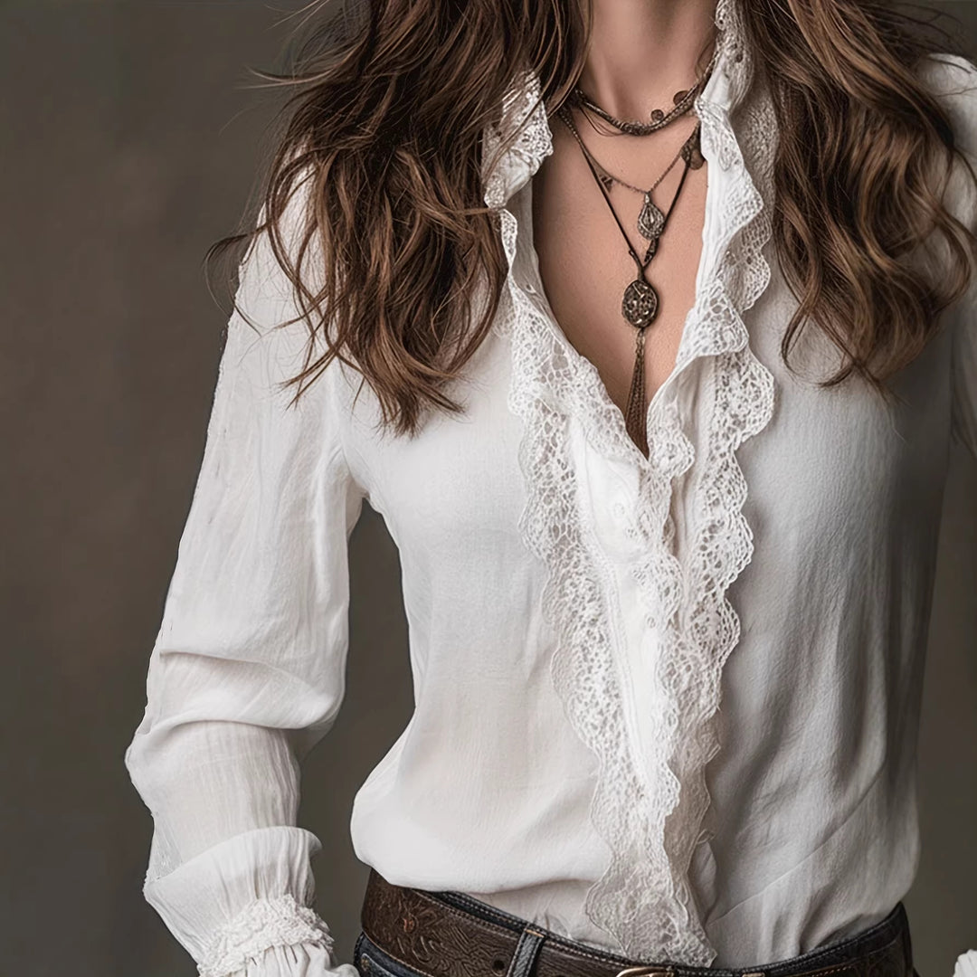 Ladies elegant blouse with ruffle details and lace trim Lune London