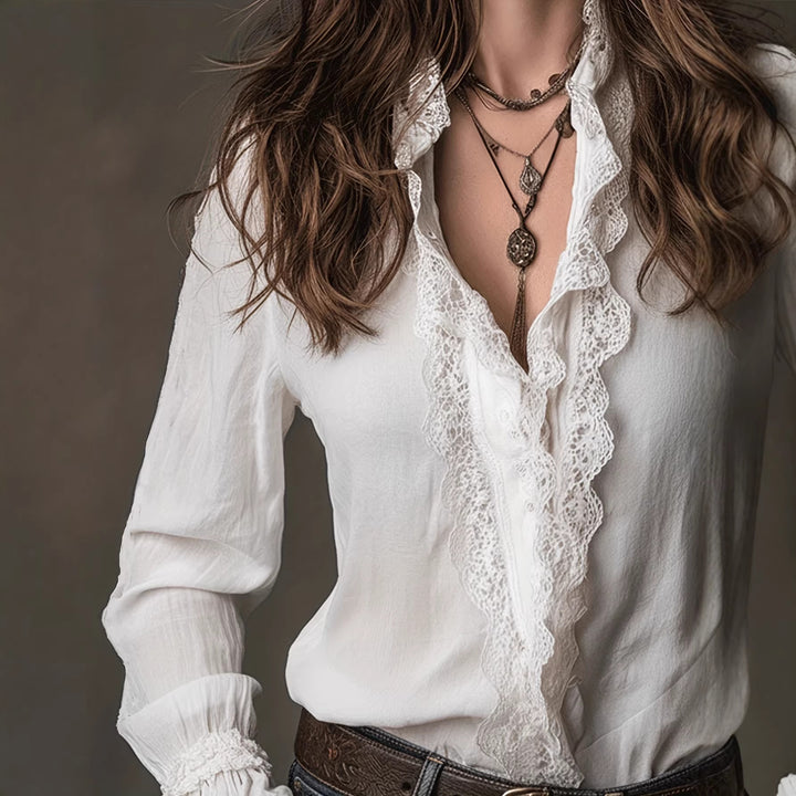 Ladies elegant blouse with ruffle details and lace trim Lune London