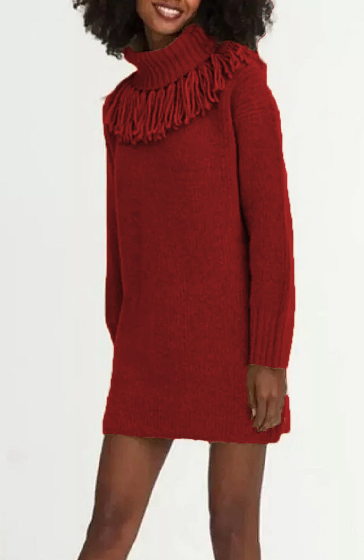 Knitted dress for women with decorative fringe trim and high turtleneck Lune Londonl