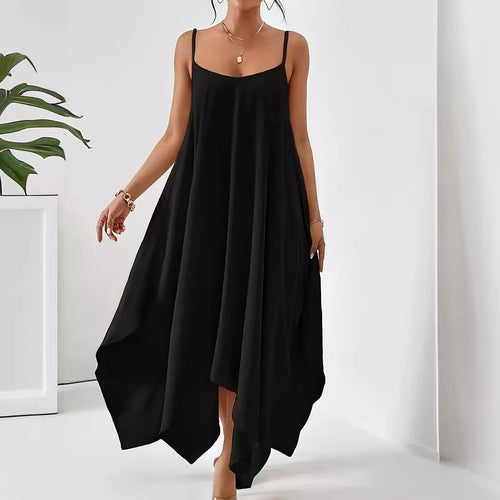 Light women's dress with spaghetti straps, asymmetrical hem, and soft fabric Lune London