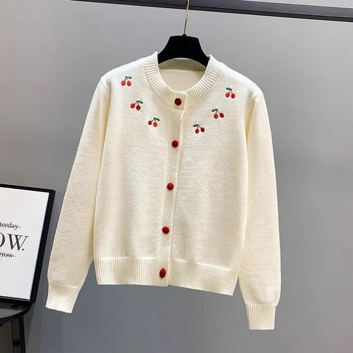 Ladies playful cardigan with embroidered cherries and red buttons Lune London