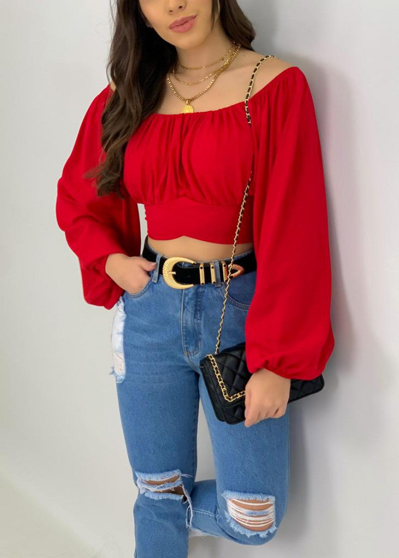 Ladies Off-Shoulder Bell Sleeve Crop Top Lune London