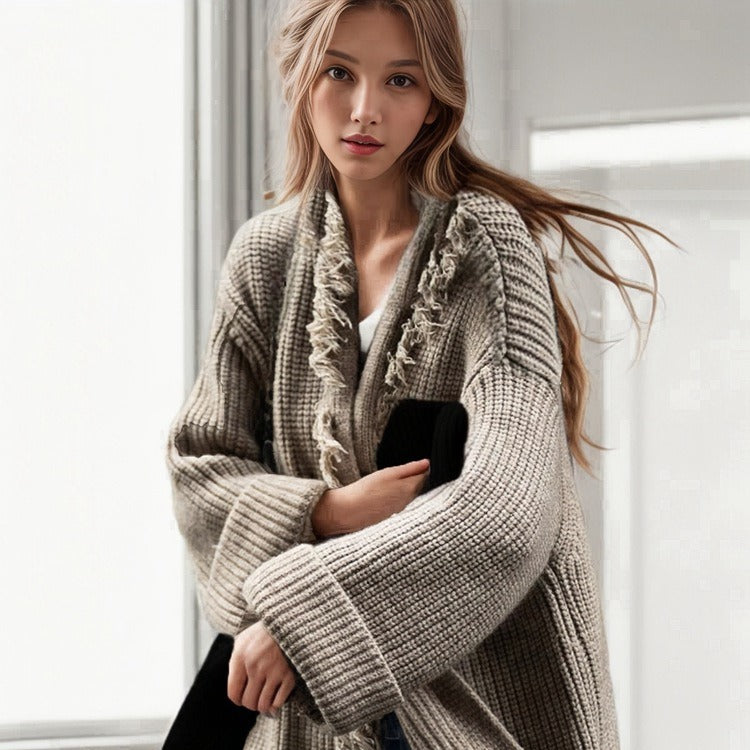 Chunky knit coat for women with fringes and elegant button closure Lune London