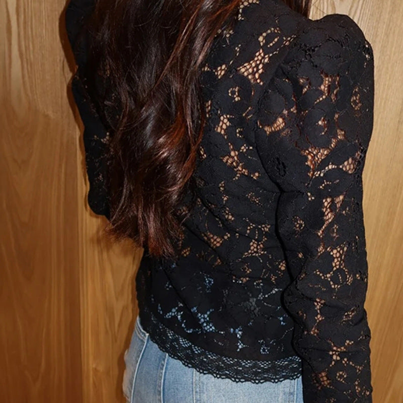 Lace blouse for women with fine gathered details and transparent sleeves Lune London