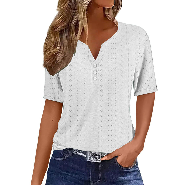 Short sleeve blouse for women with V-neck and button details Lune London
