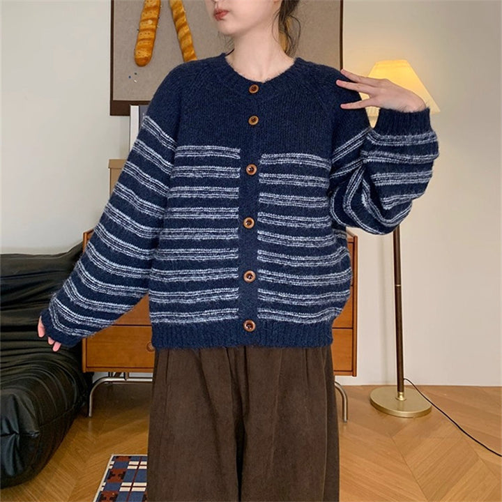 Ladies Chunky Knit Jacket with Modern Stripes and Chic Button Details and Style