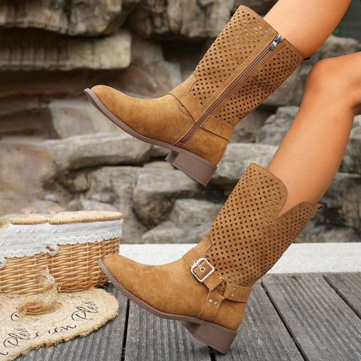 Women’s perforated suede boots with trendy buckle detail Lune London