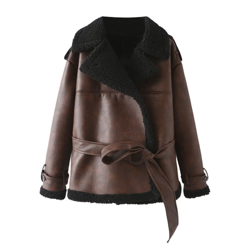Faux leather jacket for women with soft faux fur lining and adjustable belt Lune London