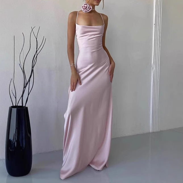 Ladies Elegant Maxi Dress in Cotton with Thin Spaghetti Straps and Deep Chic Neckline